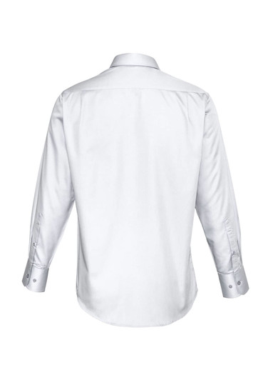 A white long sleeve button-up shirt featuring a smooth fabric and a simple design. It has a logo on the back.