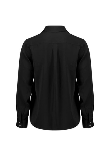 A black long sleeve shirt with a collar and buttoned cuffs, featuring a pleated back design.