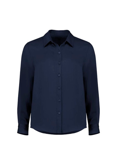 A navy long sleeve women's shirt featuring a collar and button front, with a simple design and branding present.