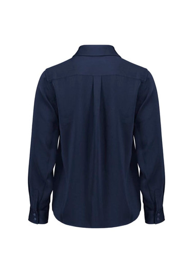 A navy blue women's long sleeve shirt featuring a collared neckline and back pleat detail. It includes a logo.