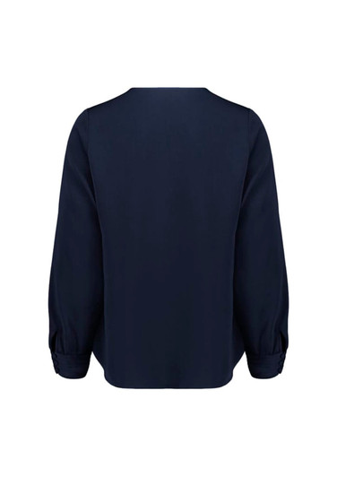 A navy blue women's long sleeve blouse featuring a simple back design and gathered sleeve detail.