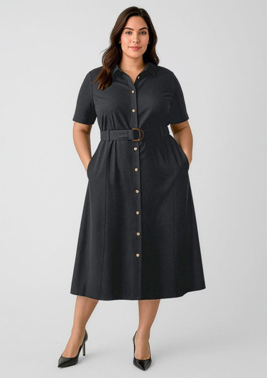A women's midi dress in dark grey with short sleeves, a button-down front, and a belted waist. Features a logo.