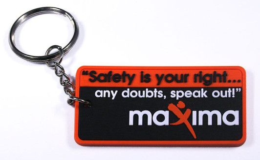 A red and black custom PVC keyring featuring a metal keychain and a logo.