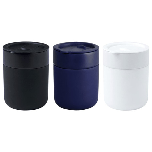 A drink bottle set featuring three ceramic tumblers in black, navy, and white, each with a silicone wrap and a lid.