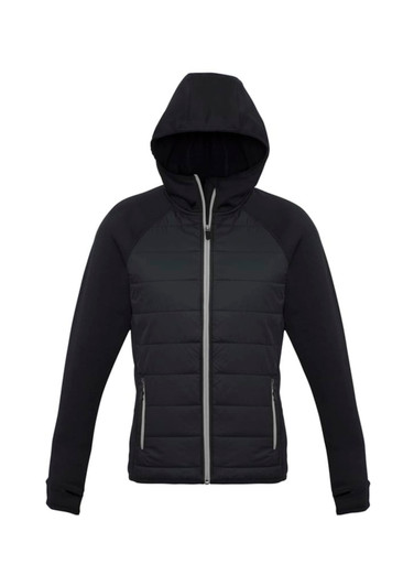 A black puffer jacket with a hood and zippered front, featuring a logo on one side.