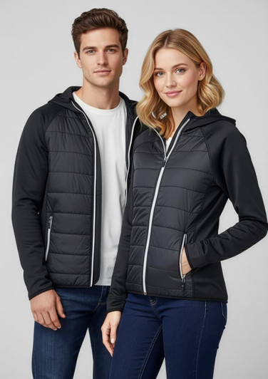 A black puffer jacket with a hood, featuring a zip front and side pockets, worn by a man and a woman.