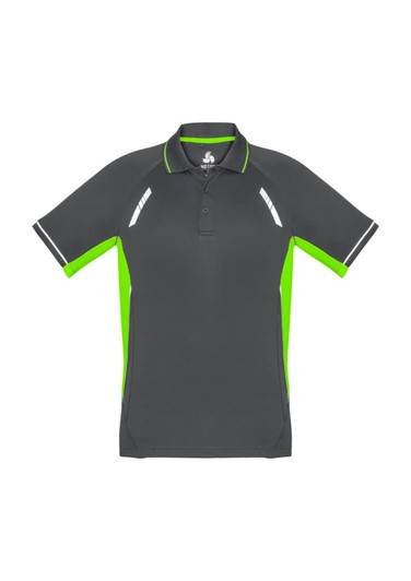 A short sleeve men's polo shirt in grey with bright green accents and detailing. It features a logo on the chest.