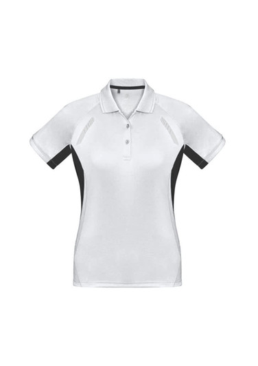 A women's short sleeve polo in white with black accents and a logo. Designed for a stylish and sporty look.