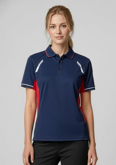A navy blue short sleeve polo shirt with red and white accents, featuring a collar and a branding logo.