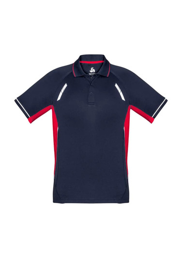 A navy blue and red short sleeve polo shirt featuring contrast panels and a logo.