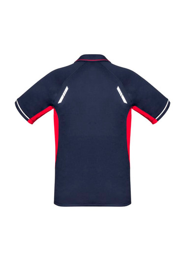 A navy and red short sleeve polo shirt with reflective detailing and a logo on the back.