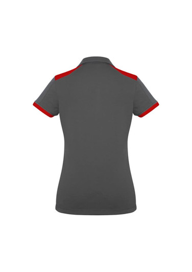 A grey women's polo shirt with red accents on the collar and sleeves, featuring a logo.