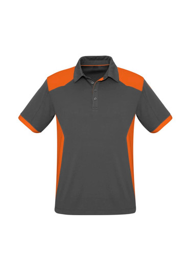 Men's polo shirt in grey with orange accents, featuring a classic collar and short sleeves. Includes a logo.