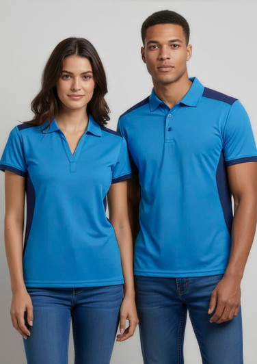 A blue short sleeve polo shirt for men, featuring a logo, with contrasting navy side panels.