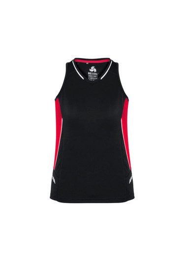 A black and red women's singlet with a fitted design and contrasting panel details, featuring a logo.