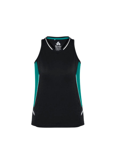 A black singlet with teal accents, featuring a logo on the front. Suitable for women's activewear.