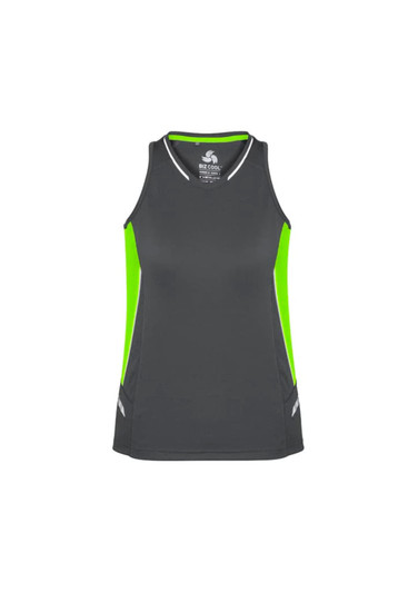 A women's singlet in grey with lime green accents, featuring a logo on the chest.