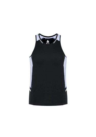 A black singlet with grey detailing and a logo on the front, designed for men.