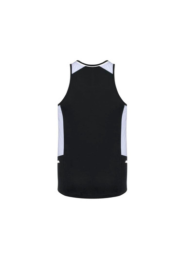 A black singlet featuring light blue accents and side pockets, with a logo on the back.