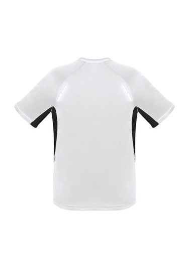 A short sleeve tee in white with black side panels, featuring a logo on the back.