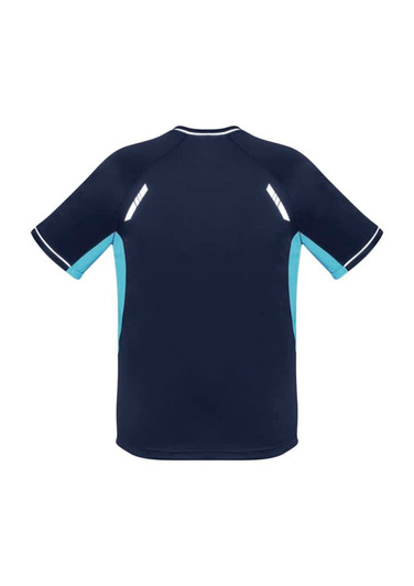 A navy blue short sleeve tee with light blue accents and reflective details, featuring a logo on the back.