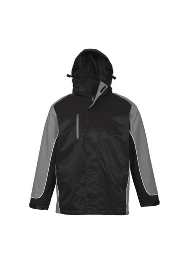 A unisex jacket in black with grey accents, featuring a hood and zippered pockets. It has a logo on it.