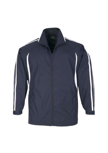 A navy jacket featuring white stripes on the sleeves and a zip-up front. It has a logo on the chest.