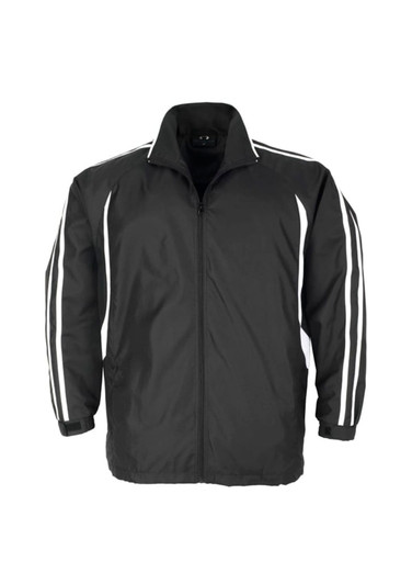 A black track jacket featuring white stripes along the sleeves and a logo on the front.
