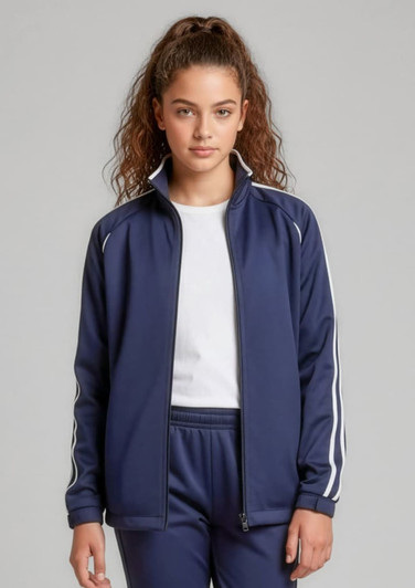 A navy track jacket with white stripes, featuring a zip front and a high collar, worn by a model.