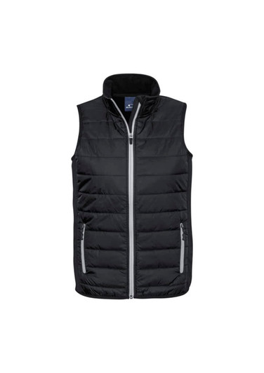 A black puffer vest with a high collar, featuring side zip pockets and a logo on the chest.