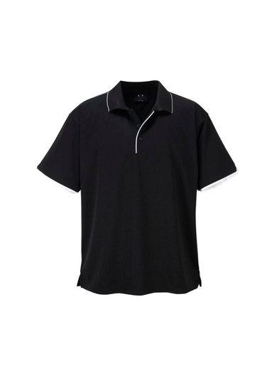 A black short sleeve polo shirt featuring a contrasting collar and a logo on the chest.
