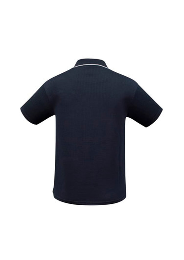 A dark navy men's polo shirt with short sleeves and a collar, featuring a subtle texture and branded logo.