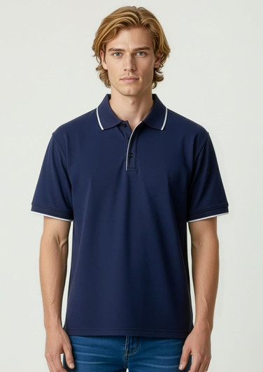 A navy short sleeve polo shirt with contrasting white trim and a collar, displayed on a male model.