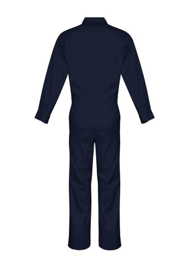 A navy lightweight cotton drill overall featuring long sleeves and a full back design, suitable for uniforms.
