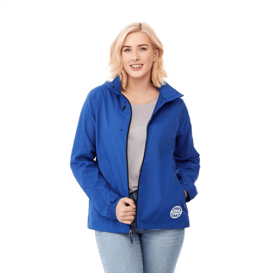 A lightweight women's jacket in vibrant blue with a logo, featuring a zip front and pockets.