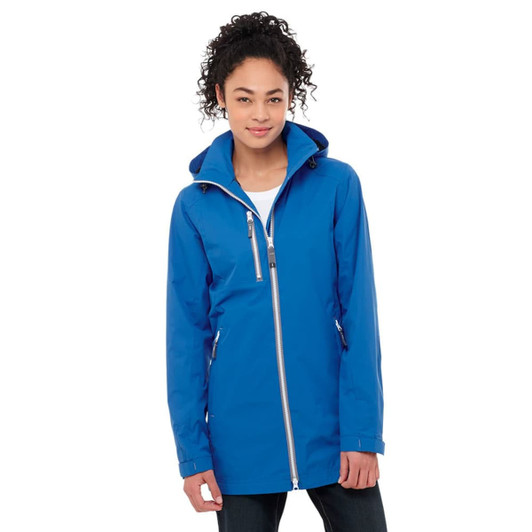 A blue women's rain jacket featuring a zippered front, a hood, and a logo on the chest.