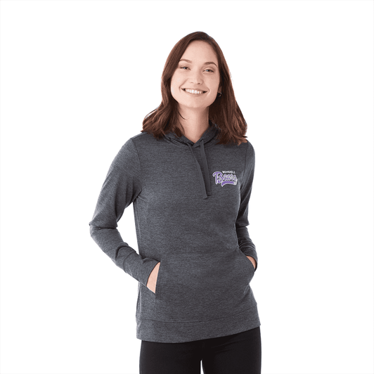 A women's dark grey eco knit hoody featuring a front pocket and a logo. The model is smiling.