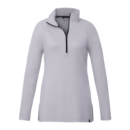 A light grey quarter zip women's jacket featuring a textured design and black detailing, with a logo present.