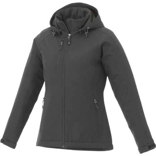 A women's softshell jacket in dark grey featuring a hood and multiple zippered pockets. It has a logo on the fabric.