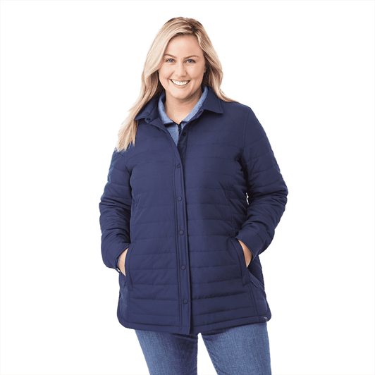 A women's insulated shacket in navy blue, featuring a button-up front and side pockets. It has a subtle logo.