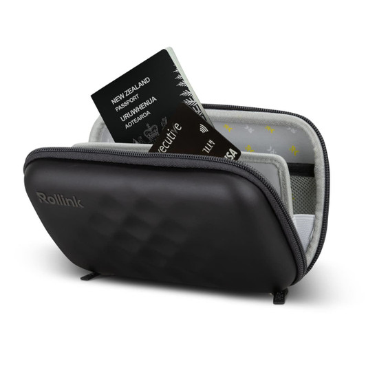 A black travel pouch with a zipped closure, featuring a passport and other documents inside. It has a logo.