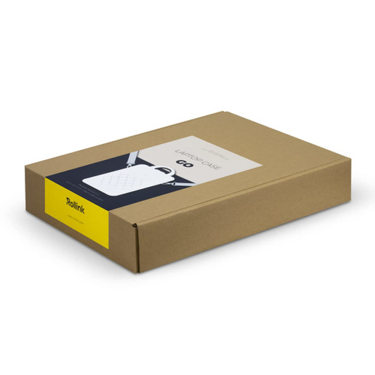 A brown cardboard box containing the Rollink Laptop Case Go, featuring a logo and a sleek design.