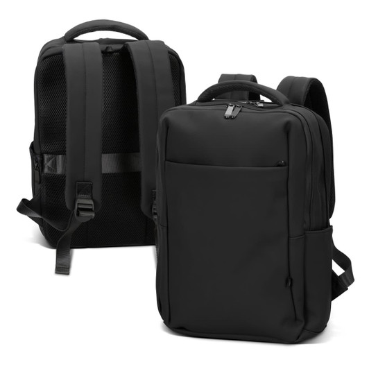 A black soft-touch daily backpack featuring adjustable straps and a sleek design, with a logo on it.