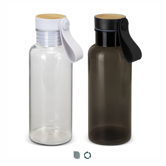 A drink bottle set featuring a clear bottle with a white lid and a dark grey bottle with a black lid. Each has a logo.
