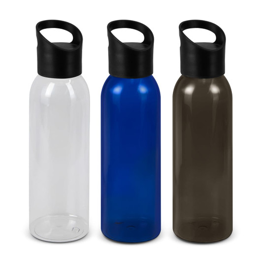 A drink bottle in clear, blue, and smoky colours, each with a black screw top and handle. Each bottle has a logo.