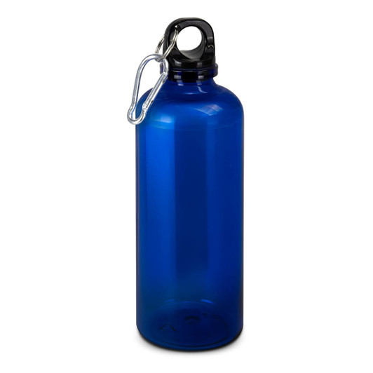 A drink bottle in vibrant blue, featuring a black cap and a loop for securing. It has a logo on one side.