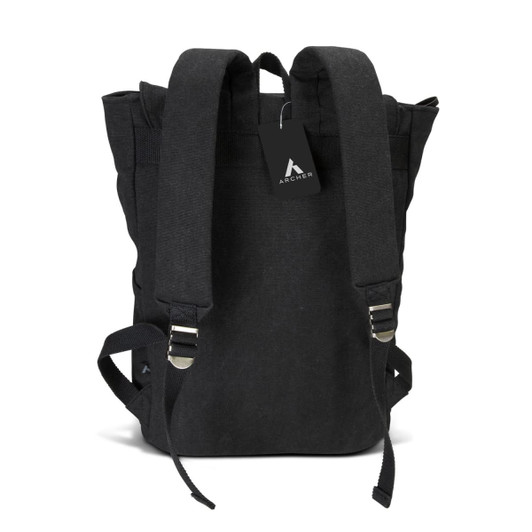 A black canvas backpack with two adjustable straps and a logo tag. The design features a spacious, minimalist style.