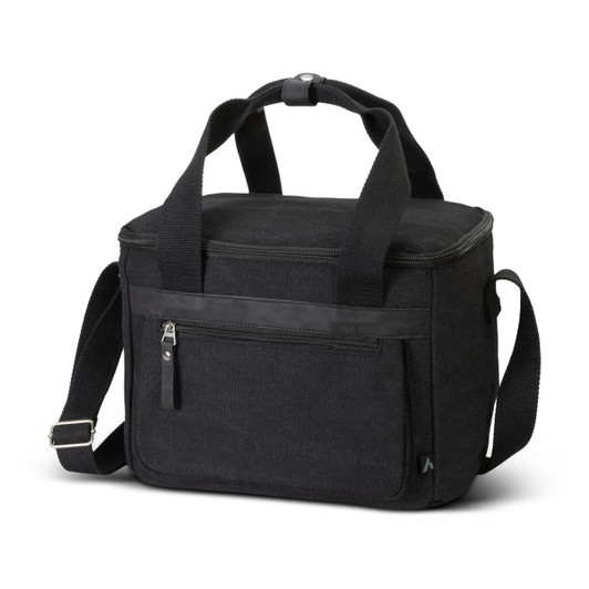 A black canvas cooler bag with a zippered main compartment, front pocket, and adjustable shoulder strap.