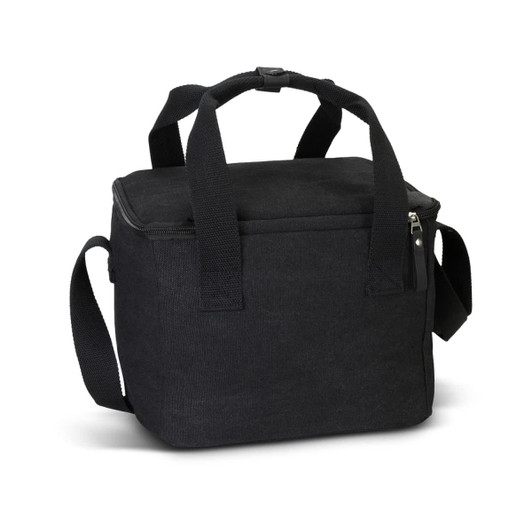 A black canvas cooler bag with sturdy handles and a zippered closure, featuring both side and top carry options.