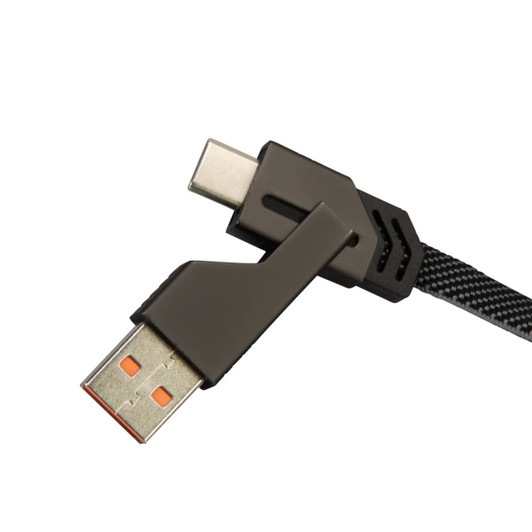 A universal charging and data cable with a braided design, featuring a USB and a USB-C connector in black and dark grey.